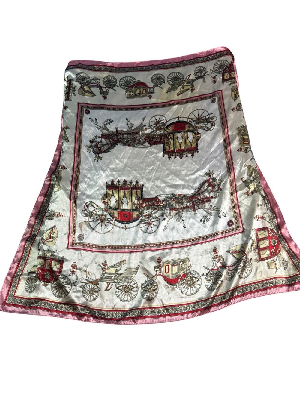Vintage 35" Square Scarf Horse Carriage Equestrian Print Silky Pink Ivory